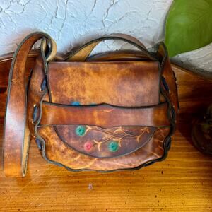 Hand Tooled Leather Crossbody Bag Boho Western Purse | Vintage Style Brown